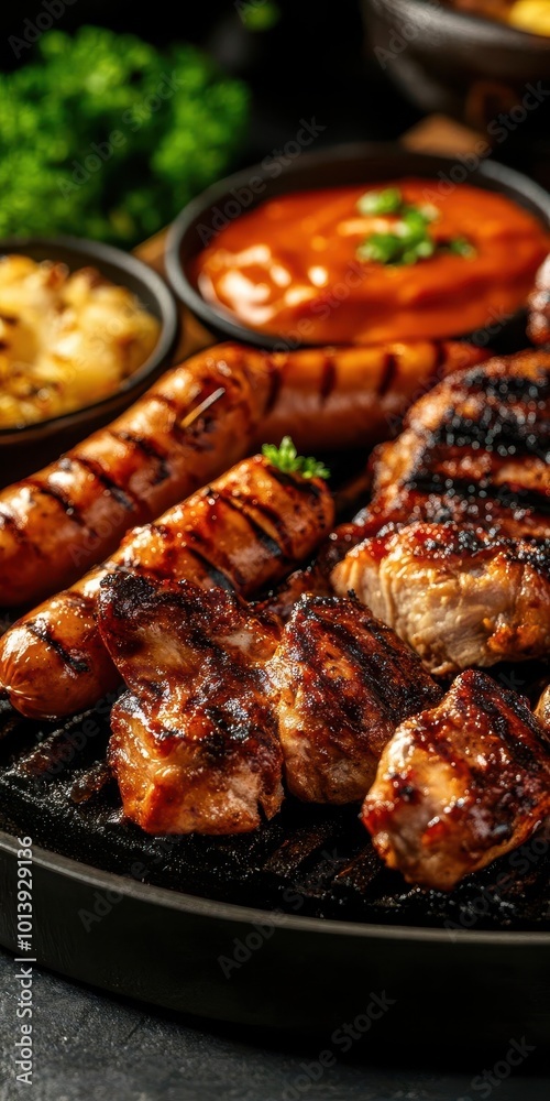 A sizzling barbecue platter with grilled chicken, beef, and sausages, served with a variety of sauces, mixed grilled platter, barbecue feast A sizzling barbecue platter with grilled chicken, beef, and sausages, served with a variety of sauces, mixed grilled platter, barbecue feast