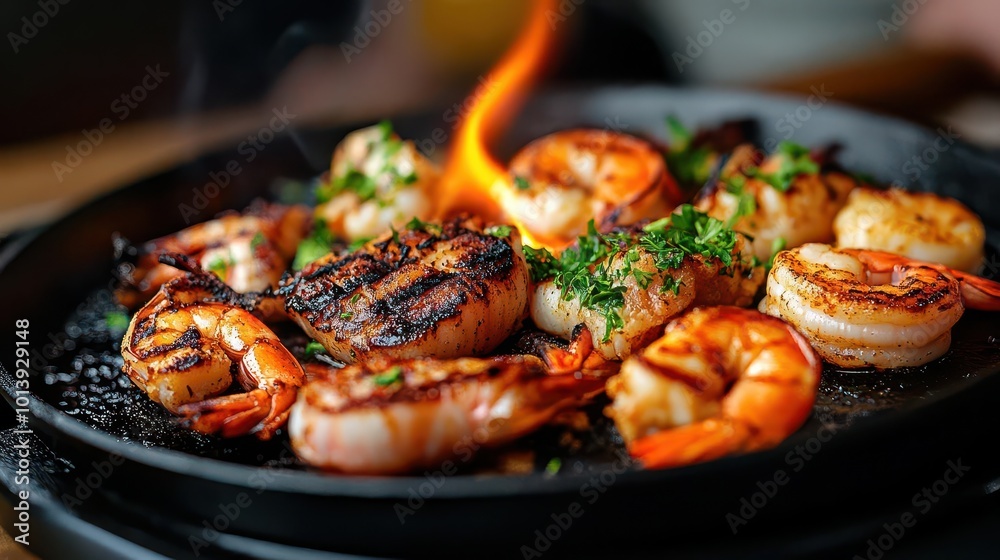 A sizzling plate of grilled seafood, including squid, prawns, and scallops, garnished with herbs, grilled seafood platter, beach barbecue A sizzling plate of grilled seafood, including squid, prawns, and scallops, garnished with herbs, grilled seafood platter, beach barbecue