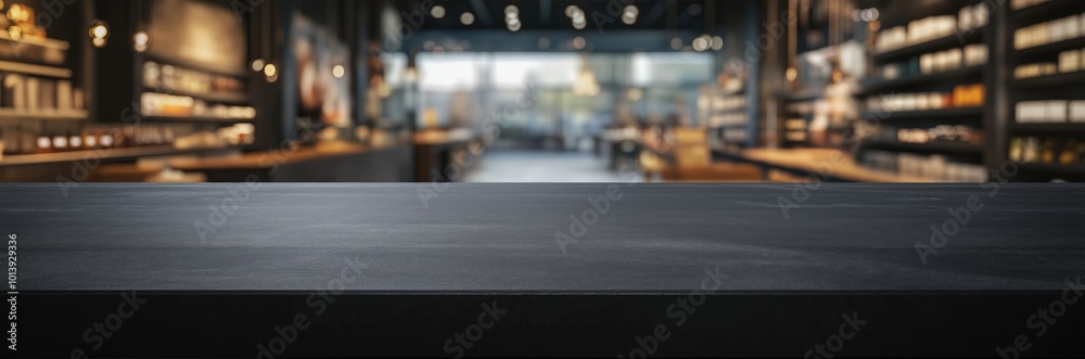 Black, empty tabletop with a blurred store background for product display montage. Black, empty tabletop with a blurred store background for product display montage.