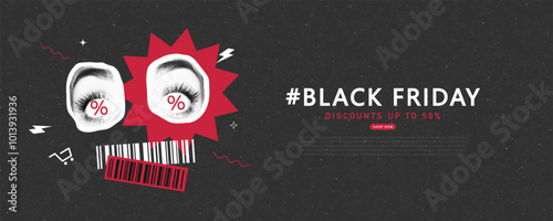 Black Friday banner with halftone eyes percentages, barcode instead of mouth. Creative collage, paper fashion sale design. Y2K modern template for banner, poster, advertising materials. Vector