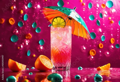 floating beverage surrounded bright colorful showcasing vivid colors refreshing drink appeal, soda, cocktail, glass, vibrant, party, summer, ice photo