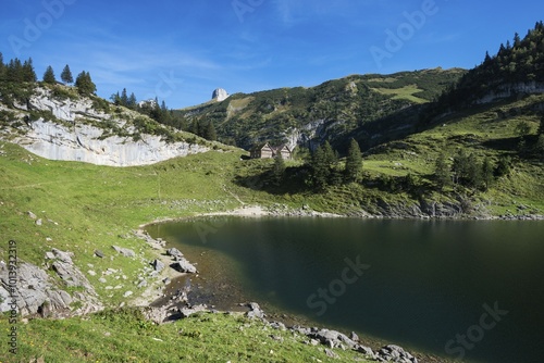 Lake Faehlensee, on 1446m, and the Bollenwees mountain inn, canton of Appenzell Inner-Rhodes, Switzerland, Europe photo