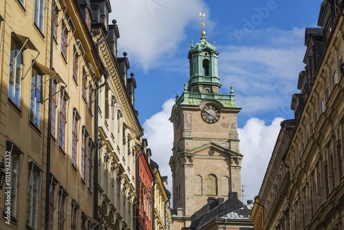 Old architectural buildings and the church of St-Nicholas also known as Storkyrkan cathedral, Gamla Stan, Stockholm, Sweden, Europe