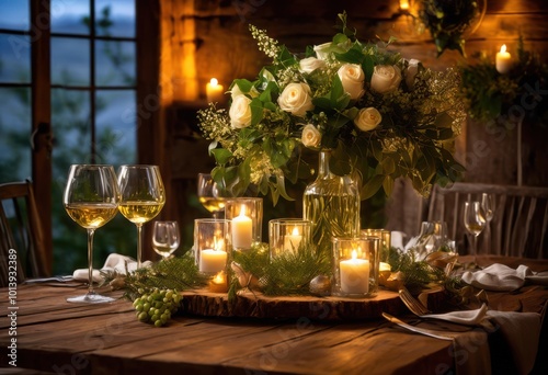 warm bottles white wine elegantly arranged rustic wooden table surrounded soft ambient lighting inviting decorations, glass, settings, tableware, glasses