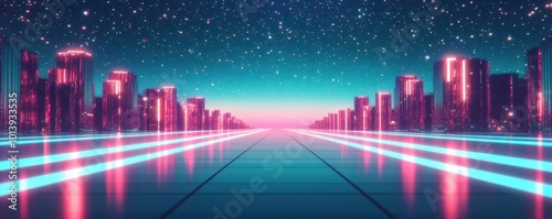 Retro-futuristic sci-fi landscape, 1980s-style chrome buildings shimmering under a sky full of sparkle stars, glowing reflections everywhere