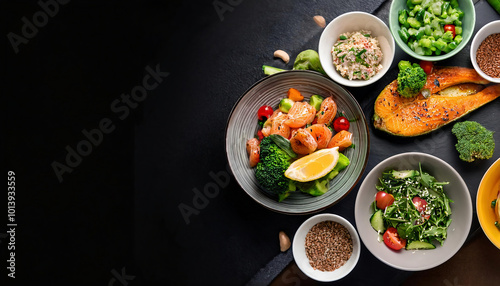 Healthy food dietry eating selection on black background. Balanced diet. copy space for your design photo