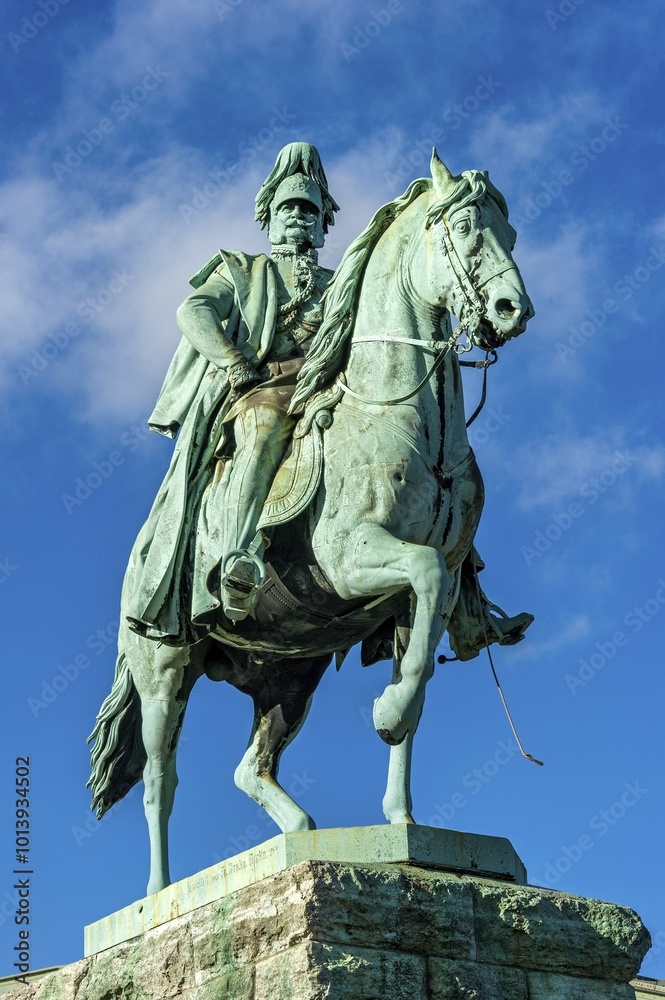 Fototapeta premium Equestrian statue, monument to Kaiser Wilhelm I of Hohenzollern Bridge, Cologne, North Rhine-Westphalia, Germany, Europe