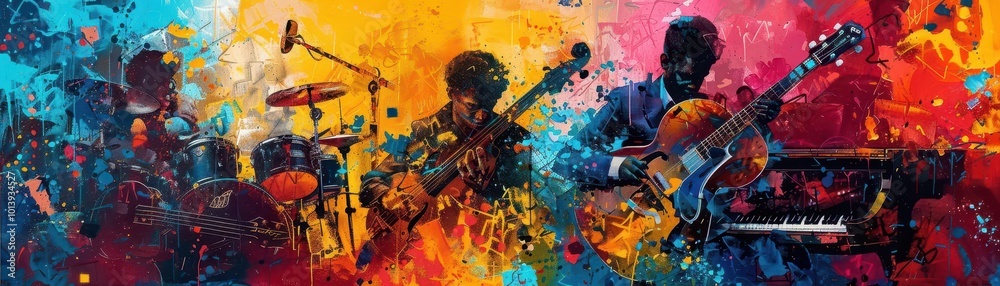 Fototapeta premium Musicians and artists with creative tools, vibrant and expressive, Urban, Bright hues, Photograph, Artistic expression
