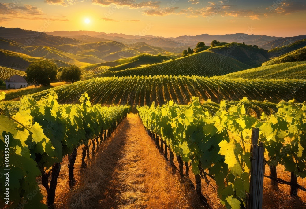 Naklejka premium stunning vineyard landscape sunset featuring lush grapes golden sunlight casting warm hues across scenic hills, aesthetic, agriculture, autumn, beauty