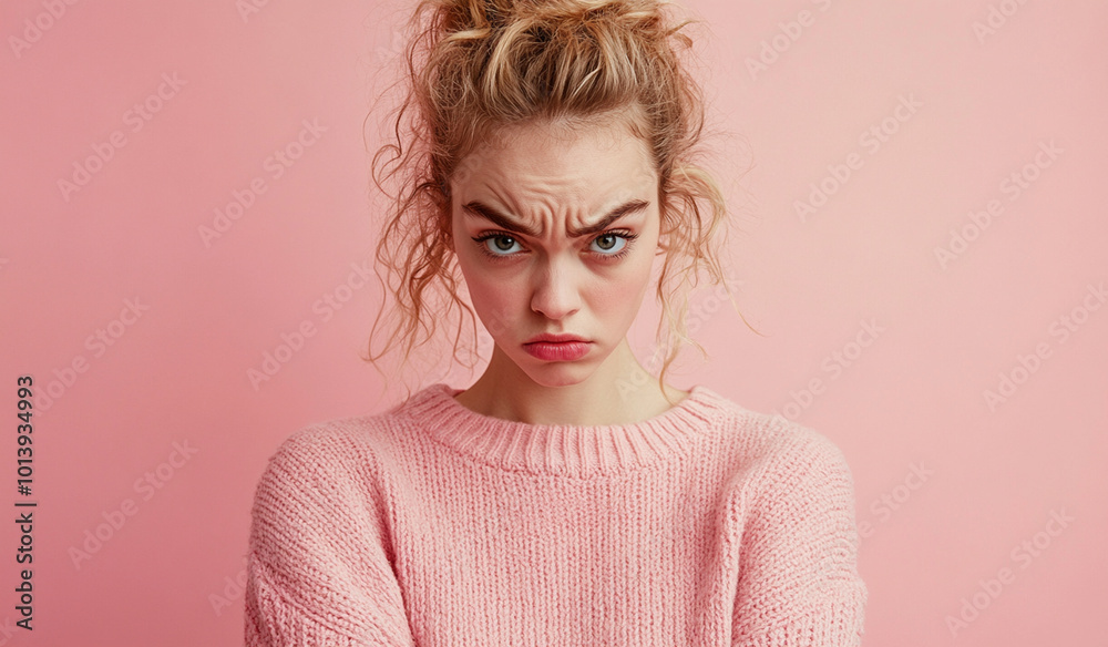 A young woman wearing a pink sweater frowns in frustration, expressing annoyance or displeasure against a matching pink backdrop.
