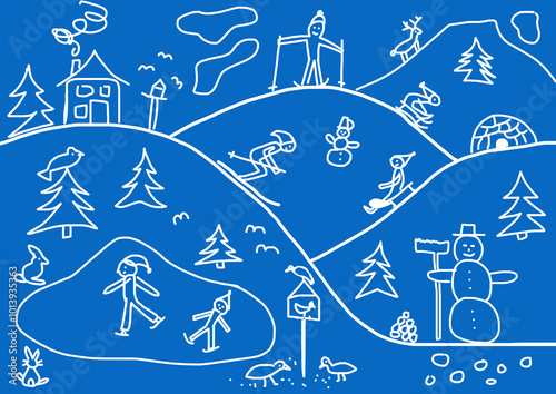 Wallpaper Mural Naive illustration, children drawing, winter sports Torontodigital.ca