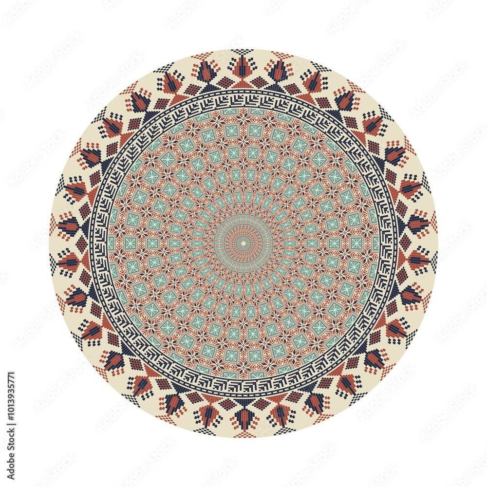 Fototapeta premium Circular pattern in traditional Palestinian style, vector design element