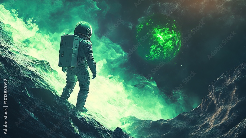 Astronaut gazing at a glowing green planet. Astronaut gazing at a glowing green planet.