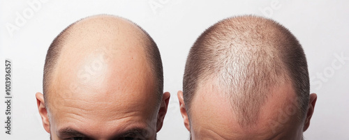 A close-up image showing two men's heads, one completely bald and the other with thinning hair, representing hair loss and male pattern baldness.
