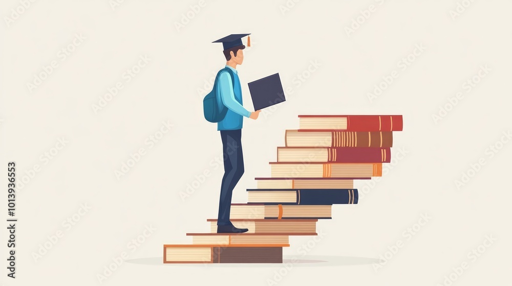 A graduate student climbing a staircase made of books, symbolizing the journey of education and achieving academic success. A graduate student climbing a staircase made of books, symbolizing the journey of education and achieving academic success.