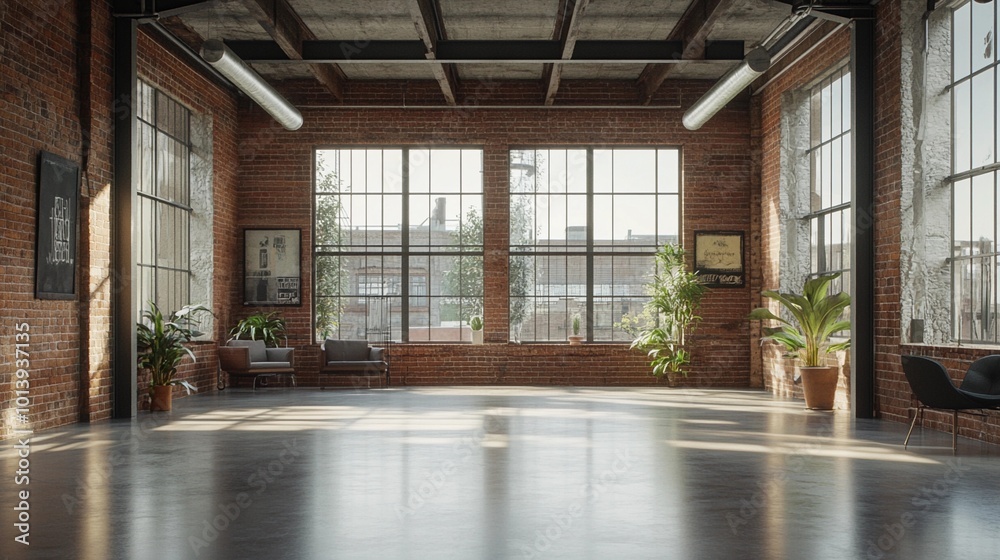 Modern industrial interior, exposed brick walls, metal beams, polished concrete floors, large windows, minimalist furniture, open space layout Modern industrial interior, exposed brick walls, metal beams, polished concrete floors, large windows, minimalist furniture, open space layout