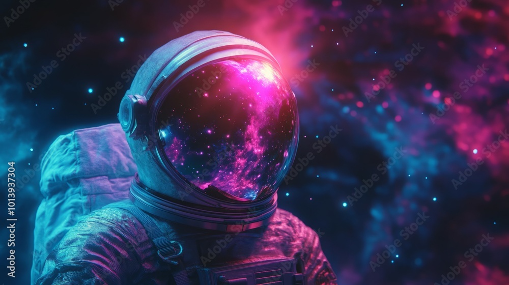 Astronaut gazing at a starry sky, illuminated by pink and blue light. Astronaut gazing at a starry sky, illuminated by pink and blue light.