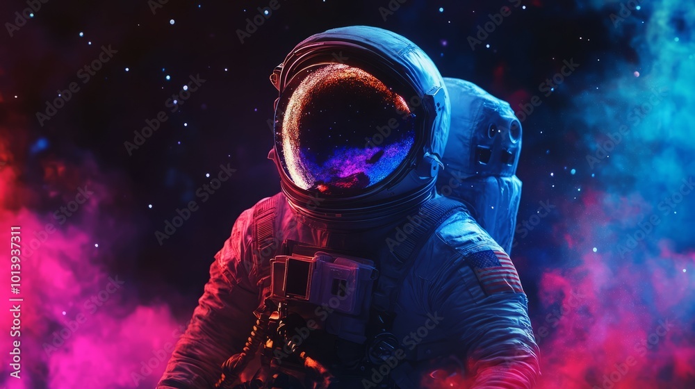 Astronaut in a blue spacesuit with a reflection of stars in the visor. Astronaut in a blue spacesuit with a reflection of stars in the visor.