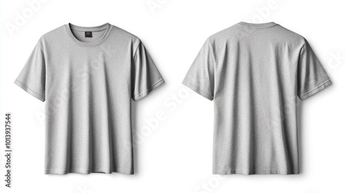 A gray t-shirt with short sleeves on a white background. The shirt is shown in both front and back views.
