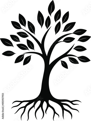 Tree and root silhouette isolated on white background. Tree and roots LOGO style.