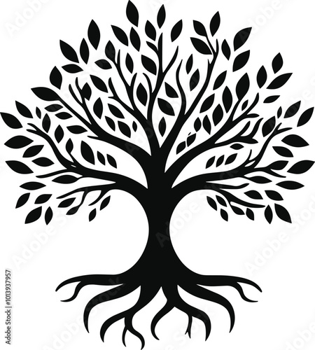 Tree and root silhouette isolated on white background. Tree and roots LOGO style.