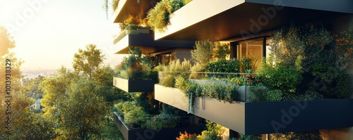 An architectural detail of a sustainable residential tower with balconies that function as aerial gardens, featuring a drip irrigation recycling system photo