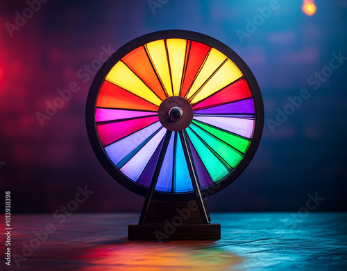 A brightly lit, colorful prize wheel stands against a dark, moody background, symbolizing chance, luck, and excitement in games.
