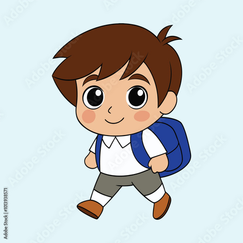 Cute little school Kid Boy with backpack walking to school Cartoon Illustration.