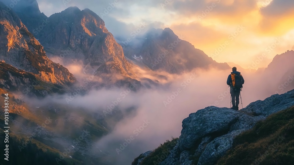 A lone hiker stands on a rocky ridge, taking in the breathtaking view of a mountain valley blanketed in mist at sunset
A lone hiker stands on a rocky ridge, taking in the breathtaking view of a mountain valley blanketed in mist at sunset