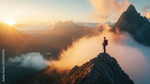 A hiker stands on a rocky peak, overlooking a vast mountain range at sunrise. The clouds below the peak are illuminated by the golden sunlight
 photo