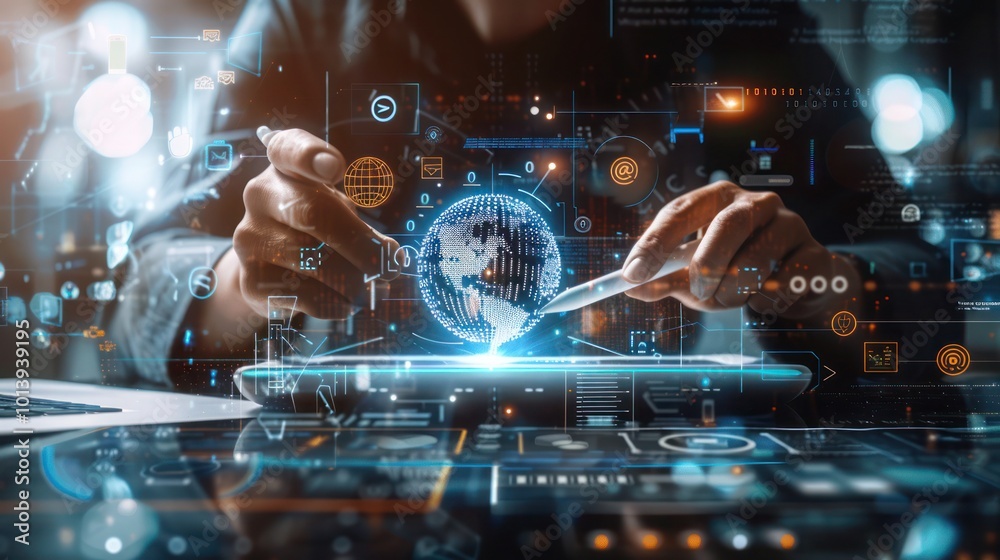 Close-Up of a Person Using a Tablet with global network connection, Holographic Displaying Globe, Binary Code, and Technological Icons, data exchange, digital technology, data science, Close-Up of a Person Using a Tablet with global network connection, Holographic Displaying Globe, Binary Code, and Technological Icons, data exchange, digital technology, data science,