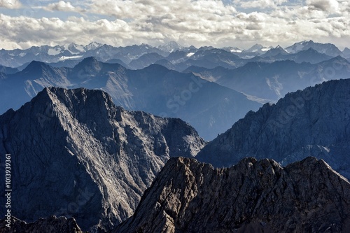 View from Zugspitze towards Tyrol, Hochwand and Plattspitzen, Schrankogel in Stubai Alps behind, Wetterstein, Upper Bavaria, Bavaria, Germany, Europe photo