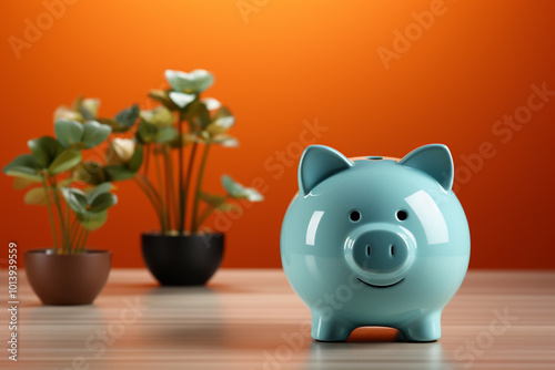 Cute turquoise blue piggy bank. Ceramic toy decoration. Save money concept. 