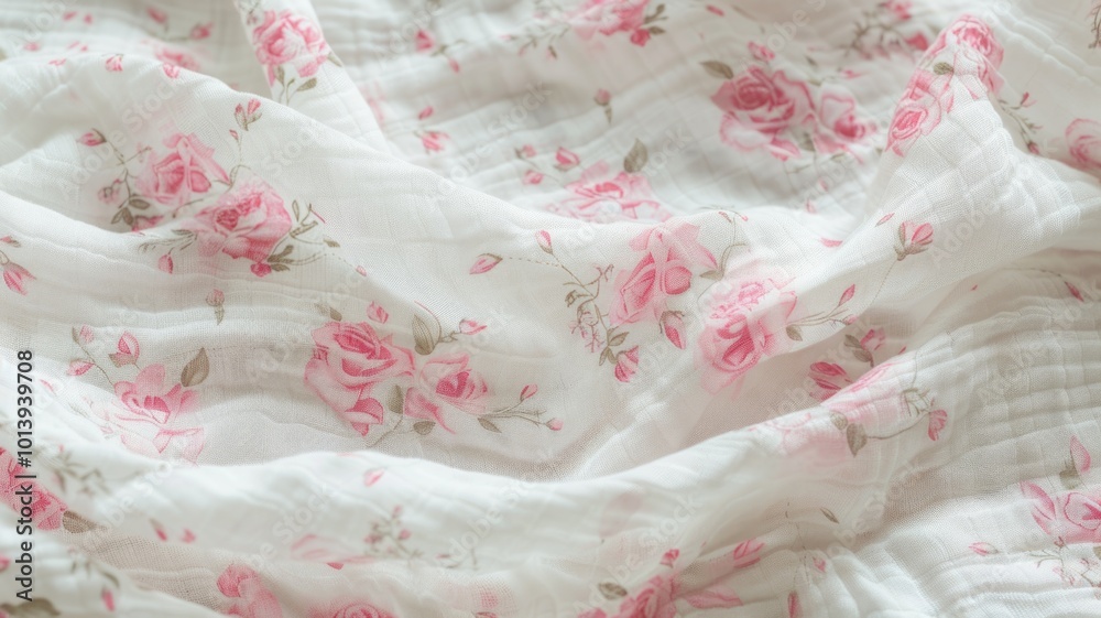 Delicate fabric featuring a pink rose floral pattern, gently draped in soft folds