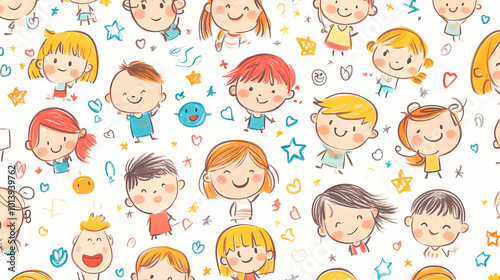 Random character children drawing doodle pattern. Pastel Drawing. Illustration