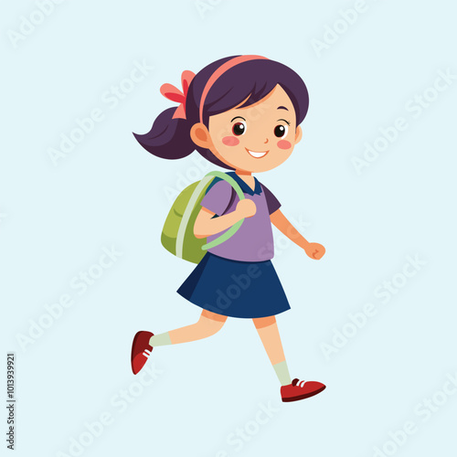 Cute little school Kid Girl with a backpack walking to school Cartoon Illustration