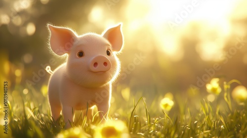 illustration of a cute baby pig in a bright, grassy pen with golden hour lighting