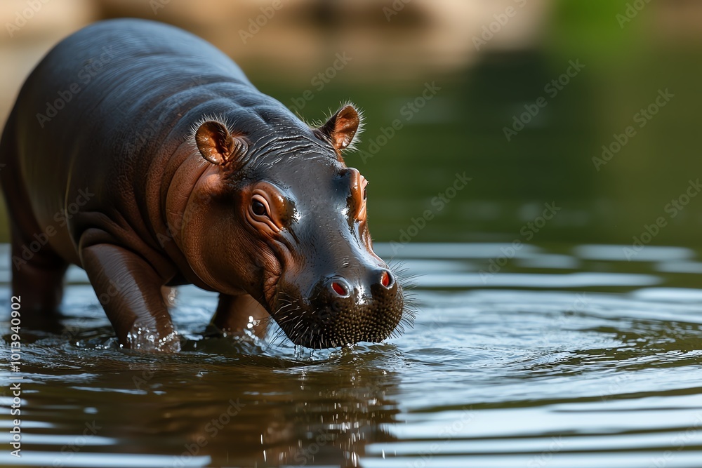 Pygmy Hippopotamus cautiously entering the water, dipping its toes in as ripples spread out from its movements Pygmy Hippopotamus cautiously entering the water, dipping its toes in as ripples spread out from its movements