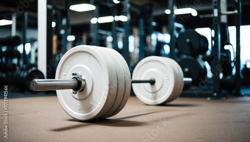 white barbell prepared for a workout session in a gym environment