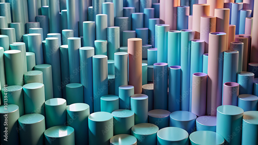 Fototapeta premium A unique 3D abstract design featuring cylindrical columns in gradient colors, perfect for use in digital art, modern backgrounds, or futuristic designs.