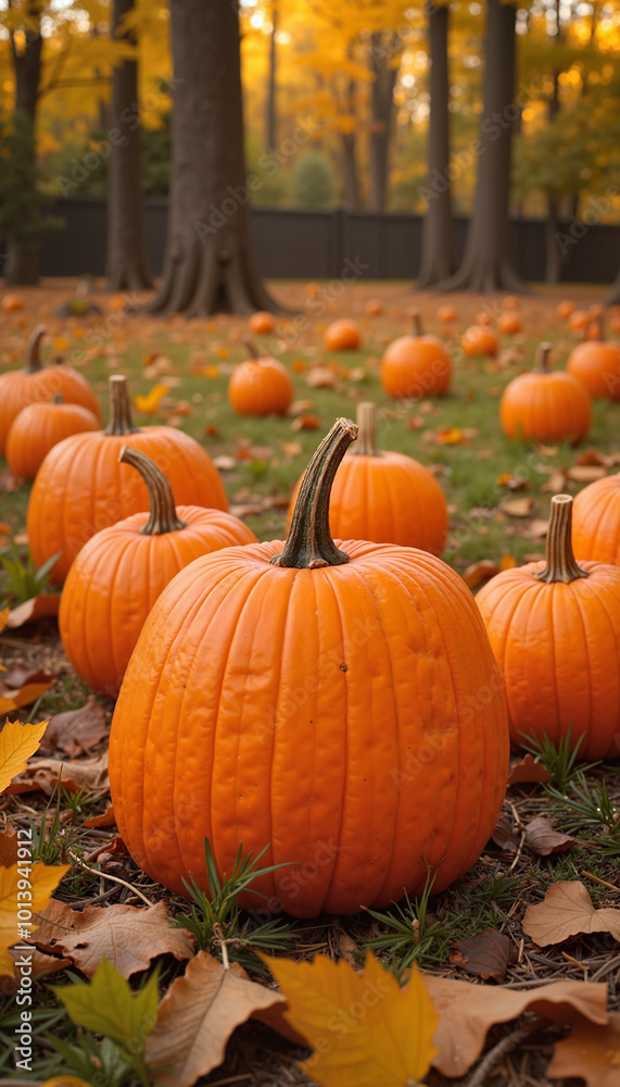 Fototapeta premium Pumpkin patch with vibrant orange pumpkins scattered on grass among autumn leaves 
