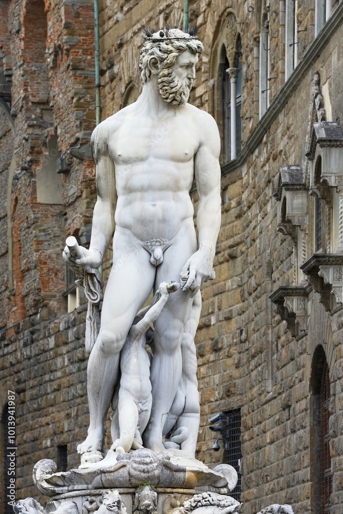 Statue of Neptune at the Neptune Fountain by Bartolomeo Ammannati, 1575, Piazza della Signoria, Florence, Tuscany, Italy, Europe Statue of Neptune at the Neptune Fountain by Bartolomeo Ammannati, 1575, Piazza della Signoria, Florence, Tuscany, Italy, Europe