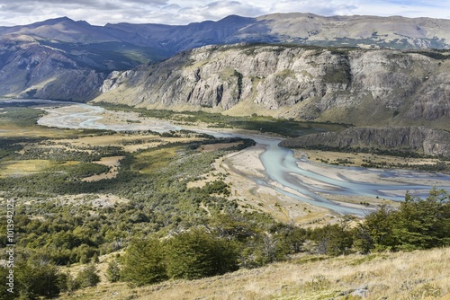 Wide river valley of the meandering Rio De Las Vueltas, Los Glaciares National Park, Andes, Santa Cruz Province, Patagonia, Argentina, South America photo