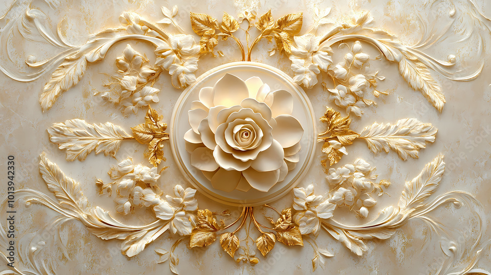 Ornate ceiling rose with intricate floral design baroque style gold leaf accents textured wallpaper background soft lighting. Gold Leaf Accent. Illustration Ornate ceiling rose with intricate floral design baroque style gold leaf accents textured wallpaper background soft lighting. Gold Leaf Accent. Illustration