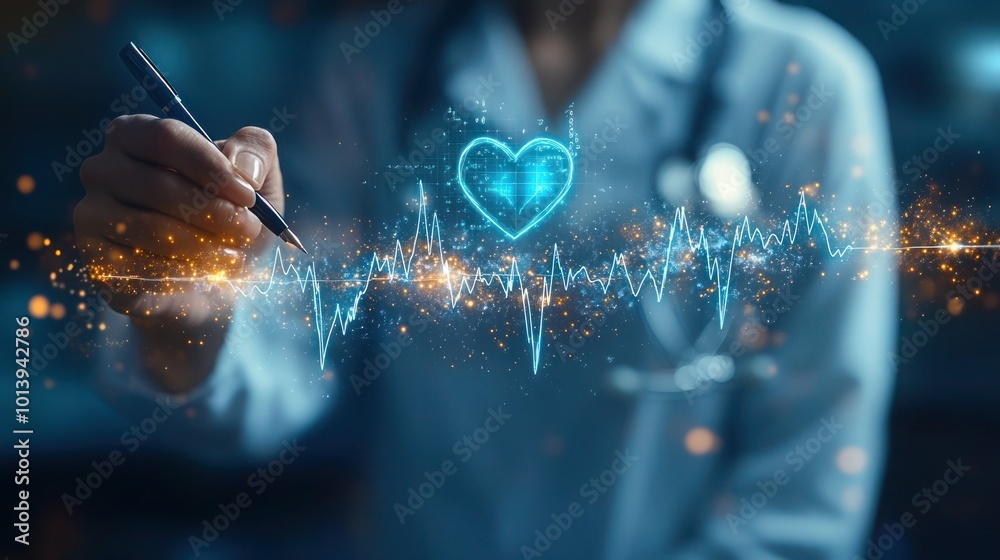 Close-up of doctor in white coat drawing an ECG line transitioning into a glowing blue heart. Futuristic medical technology concept with soft gradient blue background. Doctor draws a cardiogram heart Close-up of doctor in white coat drawing an ECG line transitioning into a glowing blue heart. Futuristic medical technology concept with soft gradient blue background. Doctor draws a cardiogram heart