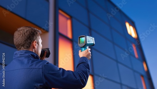 technician uses a thermal camera on a building facade during inspection photo