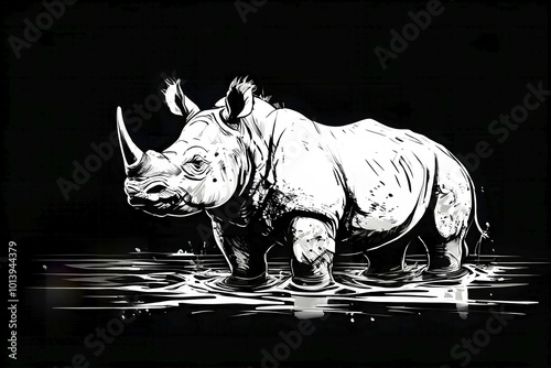 Black and white line art rhino, AI generated photo