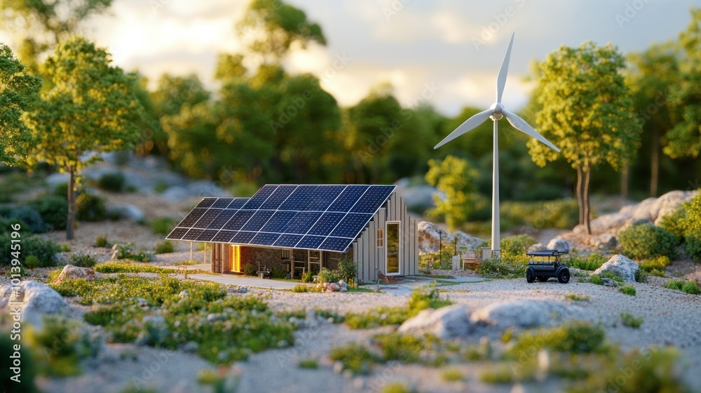 Sustainable Home with Solar Panels and Wind Turbine Sustainable Home with Solar Panels and Wind Turbine