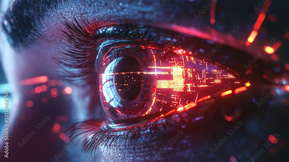 Digital Dystopia: Intense Close-Up of Human Eye Reflecting AI Interface Glow in Hostile World - Concept Art Digital Dystopia: Intense Close-Up of Human Eye Reflecting AI Interface Glow in Hostile World - Concept Art