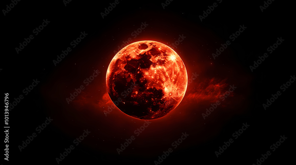 Red glowing eclipse in a dark space setting, with a surreal atmosphere. Lunar Eclipse. Illustration Red glowing eclipse in a dark space setting, with a surreal atmosphere. Lunar Eclipse. Illustration